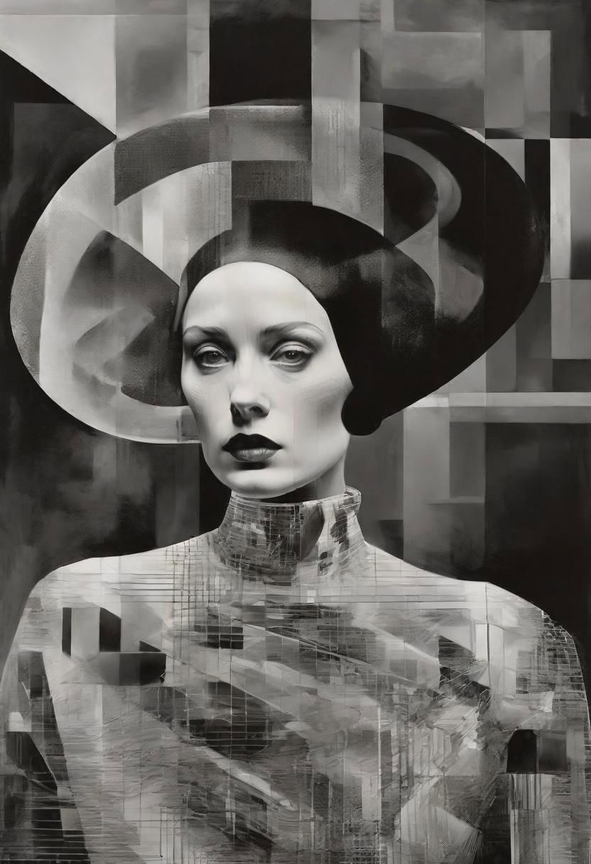 Monochrome black and white, Dali, Magritte, Delvaux, Bellmer, Malevitch, Rodchenko, Mondrian, Kandinsky, Popovna, psychedelic hallucination, pop surrealism, rough crosshatch drawing pop art Lunatic_Portrait of a young woman in latex Avant-garde Fashion page, slick back, low bun, black makeup, sinister expression, intense glare, avant-garde, abstract, weird, geometric, constructivism, suprematism, rayonism, verticism, lineism, tj