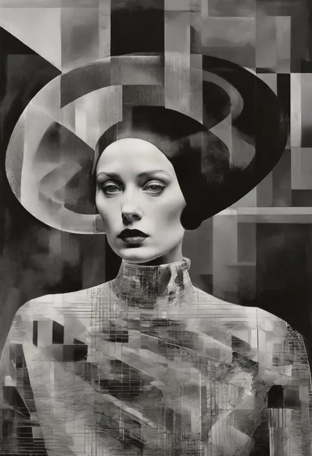 Monochrome black and white, Dali, Magritte, Delvaux, Bellmer, Malevitch, Rodchenko, Mondrian, Kandinsky, Popovna, psychedelic hallucination, pop surrealism, rough crosshatch drawing pop art Lunatic_Portrait of a young woman in latex Avant-garde Fashion page, slick back, low bun, black makeup, sinister expression, intense glare, avant-garde, abstract, weird, geometric, constructivism, suprematism, rayonism, verticism, lineism, tj