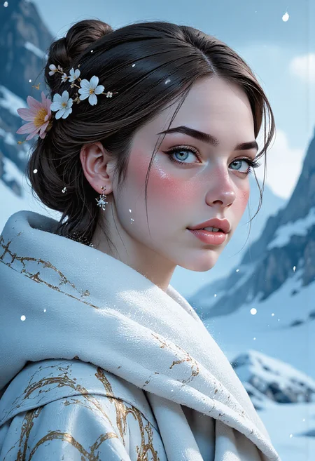 minimalistic portrait of a young Scandinavian woman white glacial blue smoked eye shadow, abstract white biomorphic pattern, winter landscape with glacial flowers, large snowflakes falling from the sky, vivid color, soft contrast, misty aether houte - couture rococo glacial clothing, atmospheric rim lighting, an intricate, elegant, highly detailed digital painting, (style of simon stalenhag, wayne barlowe, igor kieryluk. Lacombe, Patrice Murciano Frostpunk) perfection style, <lora:flux/flux_realism_lora>, <lora:flux/Herbst_Photo_35mm v2>, herbstphoto, <lora:flux/FluxMythP0rtr4itStyle>, mythp0rt,