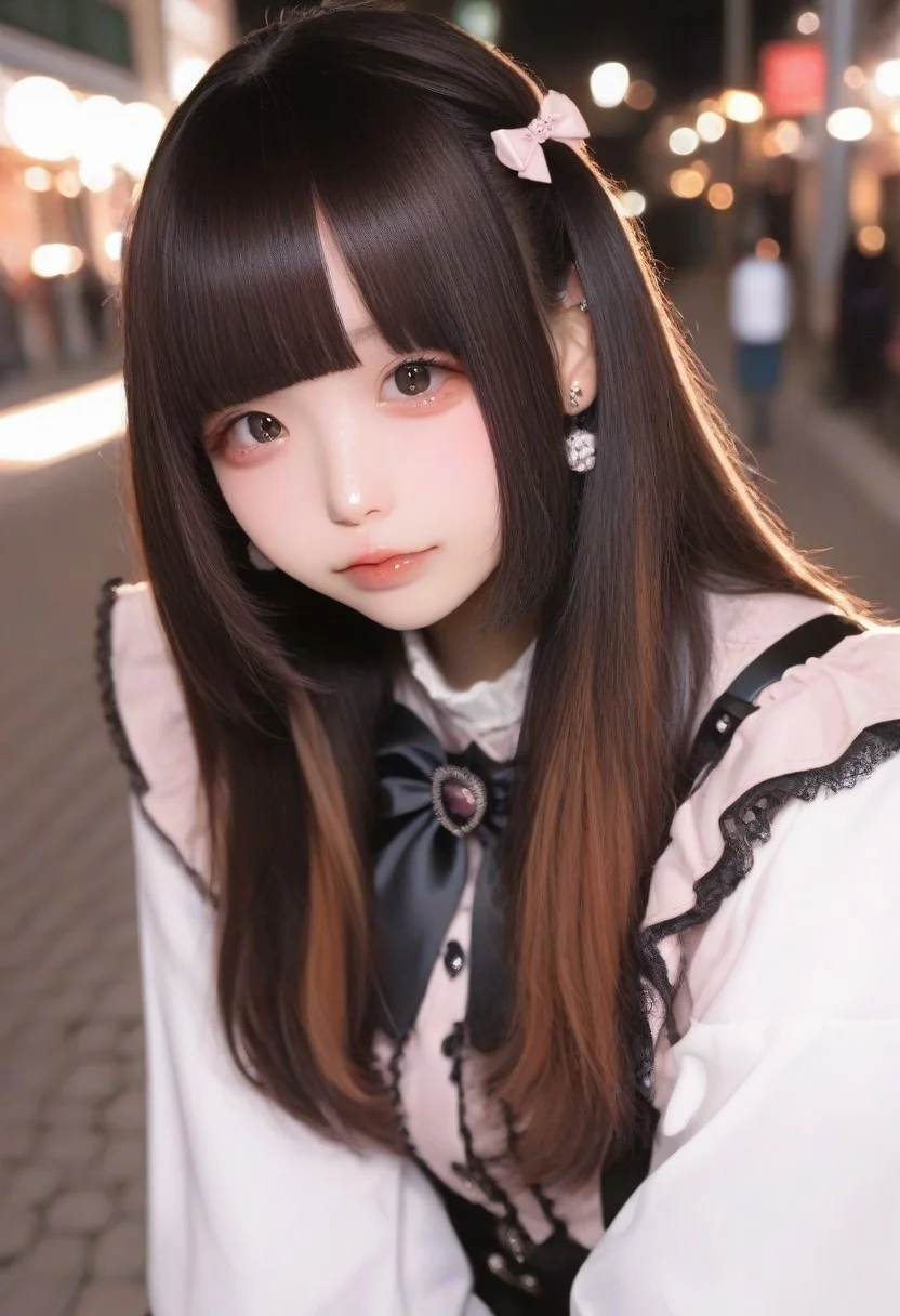 jirai kei, jiraikei face, a woman, solo, long hair, looking at viewer, jewelry, earrings, bangs, eyes, black hair,long sleeves, brown hair, shirt, white shirt, blunt bangs, upper body, dress, multicolored hair, closed mouth, bow, Street background,depth of field,bokeh, realistic,photorealistic,masterpiece,best quality,newest,highres,absurdres,photo,real life, real life insert, real world location, photo background