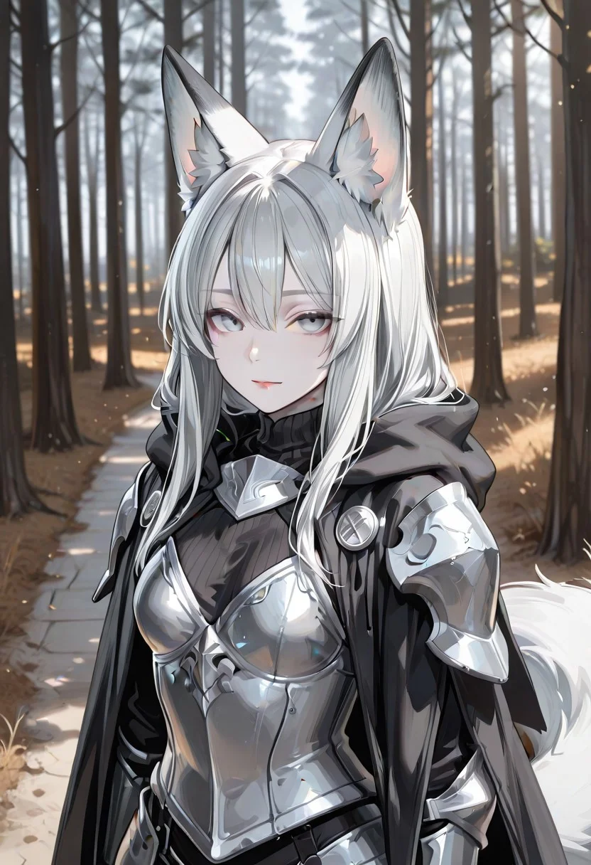 lazympos, 1girl, fox girl, fox ears, fox tail, ash blond hair, pale skin, ice blue eyes, fantasy armor, chestplate, cloak, glance toward viewer, 
BREAK
ambient occlusion, raytracing, soft lantern glow, blurred background, indors, quiet shadows, (beautiful face)
BREAK
masterpiece, best quality, highly detailed, ultra-detailed, 
BREAK
 yakan2g0u_illu, c3lesti4l_illu, traditional media,  aosiai123_illu