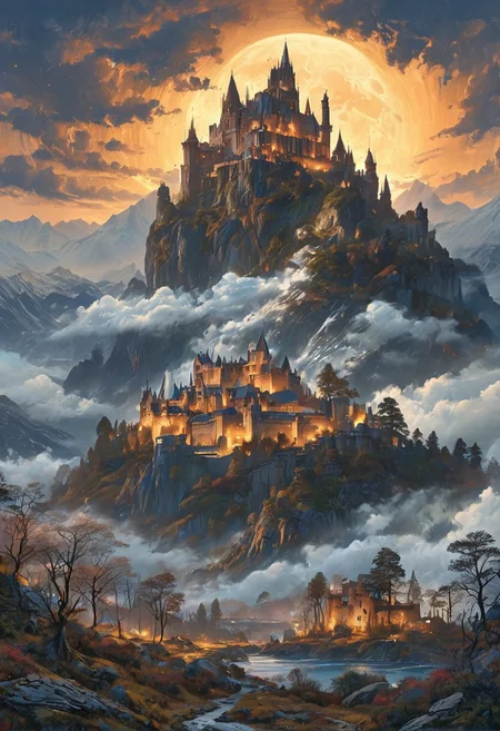 A captivating night scene illustration featuring a grand yet comfortable fortified castle  standing tall on a rocky and snowy mountain. The castle, adorned with multiple windows, emits a warm glow, highlighting its intricate architecture and rich history. The snow mountain is covered in great pine trees, reflecting on the calm, moonlit snow  that mirrors the silvery moonlight. The full moon graces the sky, casting an ethereal glow on the clouds and mountain, while wispy clouds partially obscure its brilliance, adding to the scene's mystique. Twinkling stars dot the sky, creating a celestial tapestry that harmonizes with the moon's radiance. This enchanting artwork captures a serene and peaceful night, where the illuminated castle  stands resolute amidst the celestial beauty, creating a cinematic experience., illustration, cinematic
<lora:DonM3t3rn1tyXL-v1.1:0.7>, DonM3t3rn1tyXL,
OverallDetailXL  <lora:MJ52:0.3>  <lora:SDXLFaeTastic2400:0.4>  <lora:EpicF4nta5yXL:0.7>