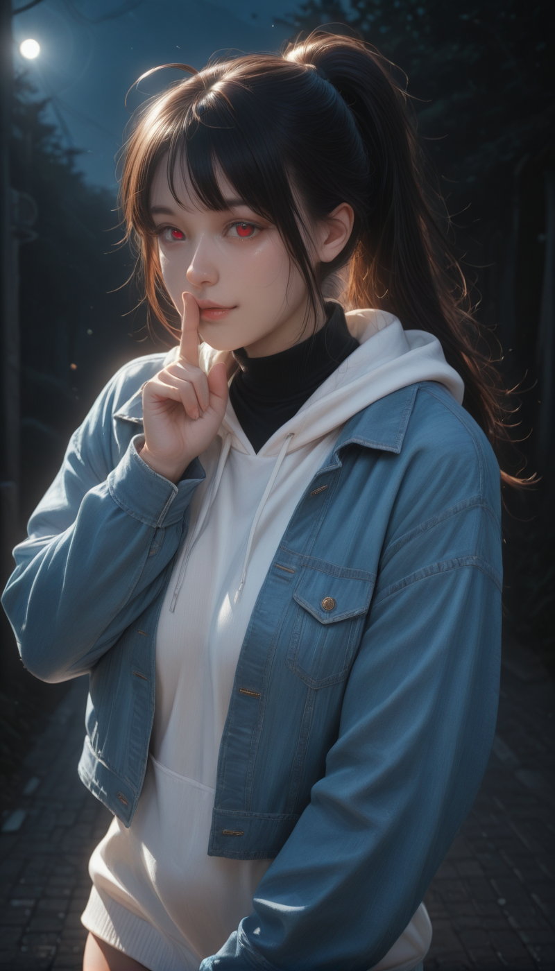 <lora:LCMTurboMix_Euler_A_fix:1> <lora:example_SDXL:0.3>, EZRealPONYXL, <lora:Dramatic Lighting Slider:3> <lora:realistic filter [IL]:1>
DSLR,realistic,cosplay photo, (very awa,masterpiece,best quality,year 2024,newest,absurdres,highres:1), realistic,skin texture,facial features, photography shot with Canon EOS 5D Mark IV , realistic, RAW, best quality, masterpiece, amazing quality, skin details,
1girl, highly detailed beautiful face, large natural breasts,
detailed background, shiny skin, dutch angle, night, moonlight,
beautiful detailed eyes, intricate details, absurdres, anime screencap,
<lora:YoakenoNanashi_Vtuber_kill0825:1>
VTNanashi, long hair, black hair, red eyes, fang, ahoge, sidelocks,
long sleeves, jacket, ponytail, thighs, open clothes, hood, mole, open jacket, sweater, black shirt, hoodie, hood down, blue jacket, denim, white hoodie, undershirt, denim jacket, shirt, turtleneck, front bang,
 <lora:shushing-illustriousxl-lora-nochekaiser:1>, shushing, finger to mouth, index finger raised,,