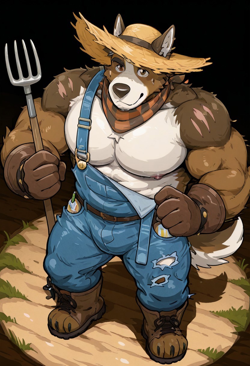 ProteoGM, solo, furry, dog man, perfect eyes, brown fur, tail, brown eyes, muscular, bara, manly, mature, scar on arm, large pectorals, dynamic angle, torn blue overalls, denim, scarf, straw hat, brown gloves, brown boots, holding pitchfork, over shoulder, unparalleled masterpiece, best quality, amazing quality, highres, depth of field, extremely-detailed, detailed background, from above, detailed fur, detailed muscles, cinematic lighting, side angle