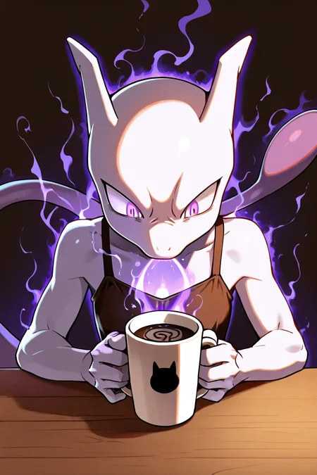 masterpiece, best quality, <lora:MewtwoPokedexIXL:1.0>, zzMewtwo, solo, no humans, sipping coffee, sitting at a table, casual outfit, tired expression, oversized coffee mug, psychic powers holding the cup, glowing psychic aura around the mug, café background, relaxed, humorous, everyday life