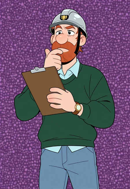 masterpiece, best quality, amazing quality, detailed background, intricate details, dynamic, cinematic, cartoon, anime, cartoon shading, solo, male focus, source_anime,high resolution, newest, depth of field, bara, yaoi, perfect face, 1boy, p3te, ginger hair, black eyes, beard, dark green sweater, light blue collared shirt, wristwatch, jeans, dark navy shoes, looking at clipboard, (cronstuction helmet), thinking, clipboard, holding, upper boddy, purple background, abstract background, dutch angle
