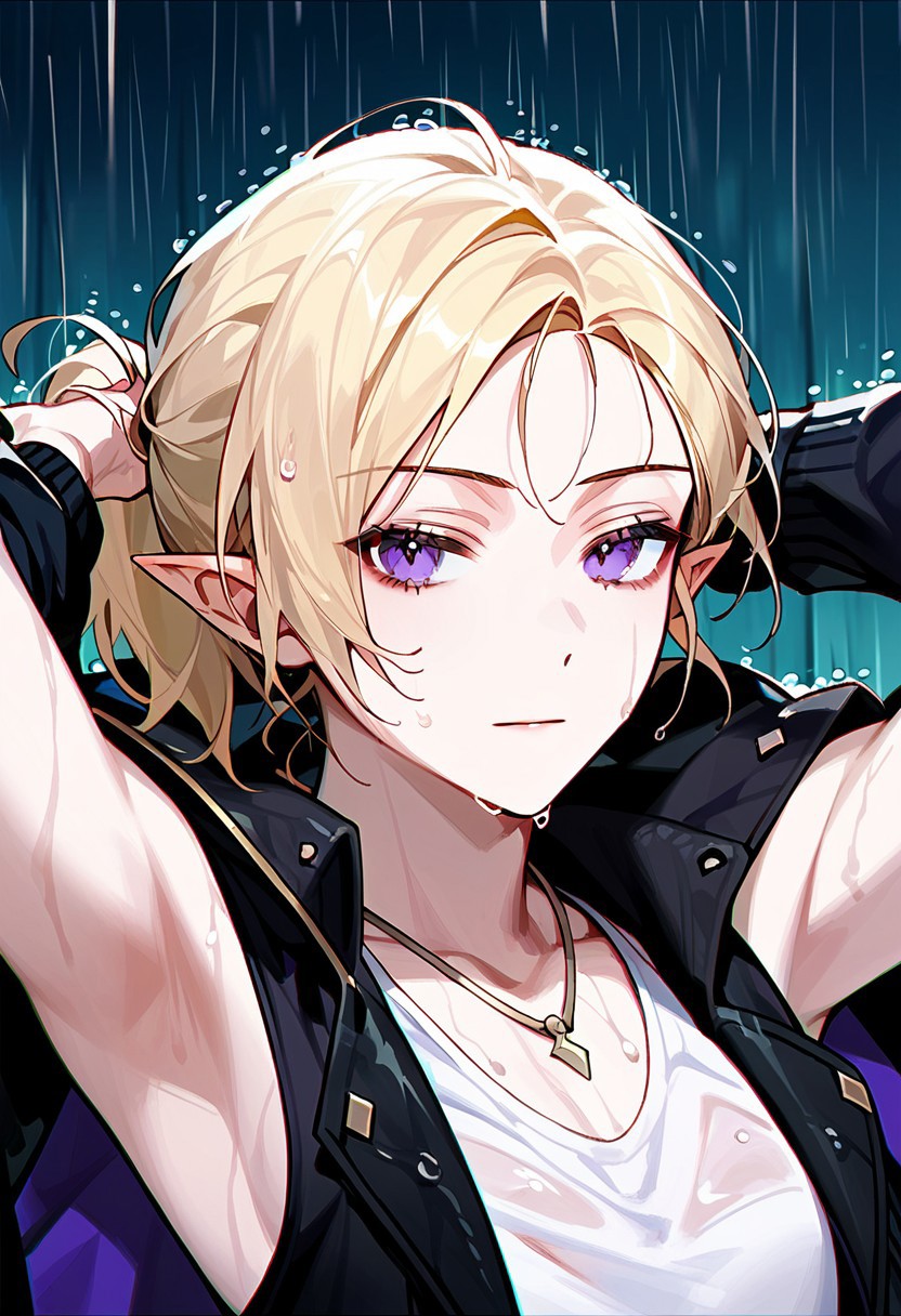 score_9,score_8_up,score_7_up,source_anime, Lucilicca La'elaya,solo,looking at viewer,blonde hair,shirt,1boy,jewelry,purple eyes,jacket,upper body,ponytail,male focus,sleeveless,armpits,necklace,black jacket,wet,rain,jacket removed,