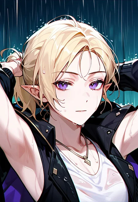 score_9,score_8_up,score_7_up,source_anime, Lucilicca La'elaya,solo,looking at viewer,blonde hair,shirt,1boy,jewelry,purple eyes,jacket,upper body,ponytail,male focus,sleeveless,armpits,necklace,black jacket,wet,rain,jacket removed,