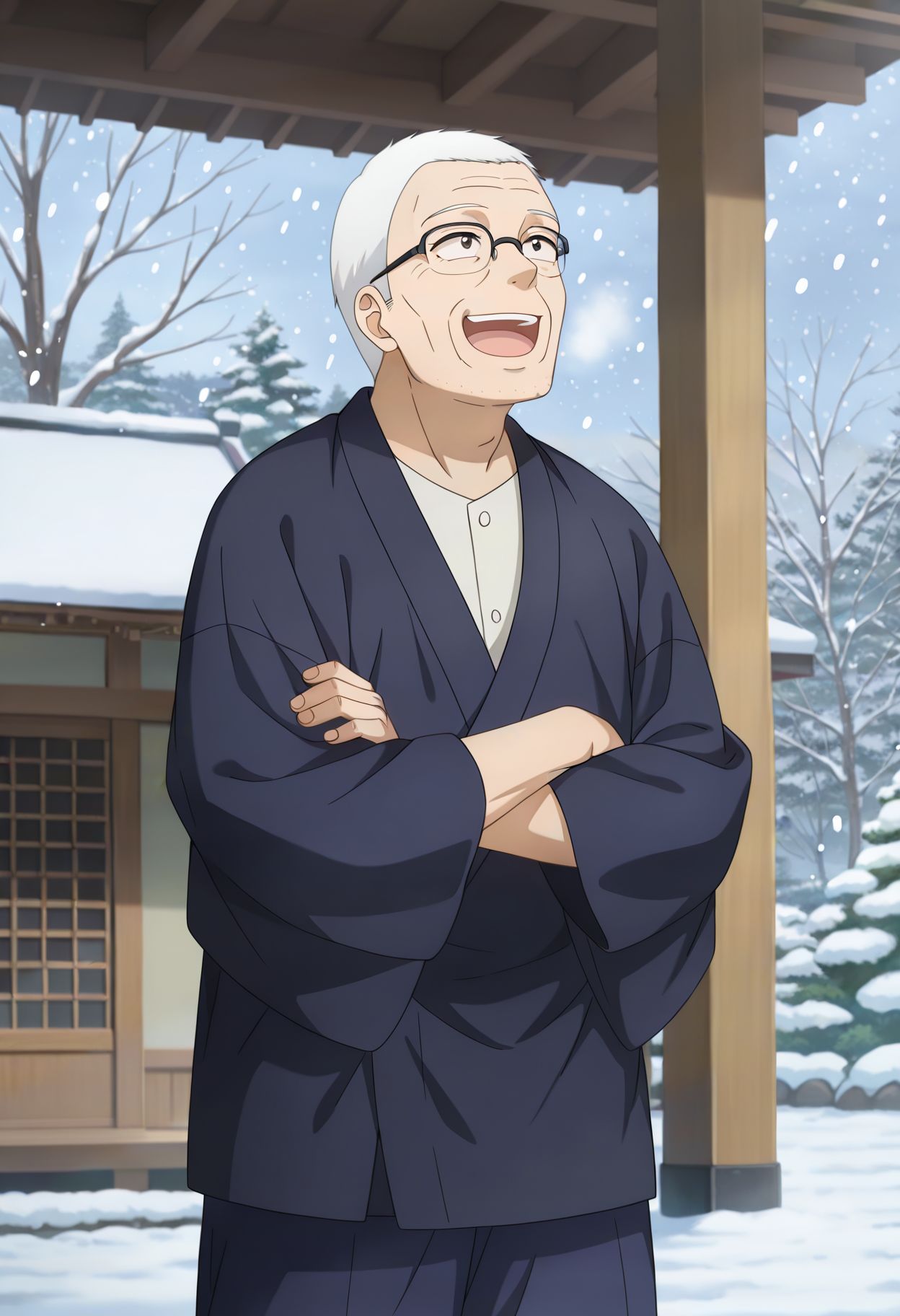 <lora:gojou_kaoru_v1_IL-25:1> gojou kaoru, solo, smile, short hair, open mouth, white hair, 1boy, old man, standing, male focus, japanese clothes, blue kimono, blue pants, shirt, crossed arms, looking up, outdoors, garden, snow, snowing, winter, glasses, over-rim_eyewear, black-framed_eyewear, laughing, japanese architecture, tree