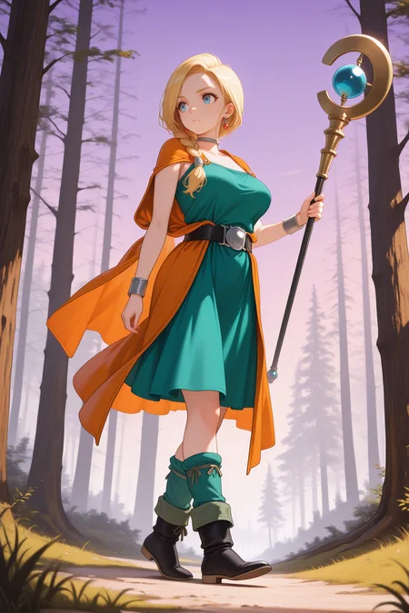 masterpiece, best quality, 1girl, solo, <lora:dqbianca-illu-nvwls-v1-000006:1> bncad5, blonde hair, single braid, hair over shoulder, long hair, blue eyes, large breasts, red earrings, choker, orange cape, green dress, sleeveless dress, belt, bracelet, green socks, knee socks, black boots, ankle boots, holding staff, full body, walking, forest, twilight, purple sky, looking to the side, serious