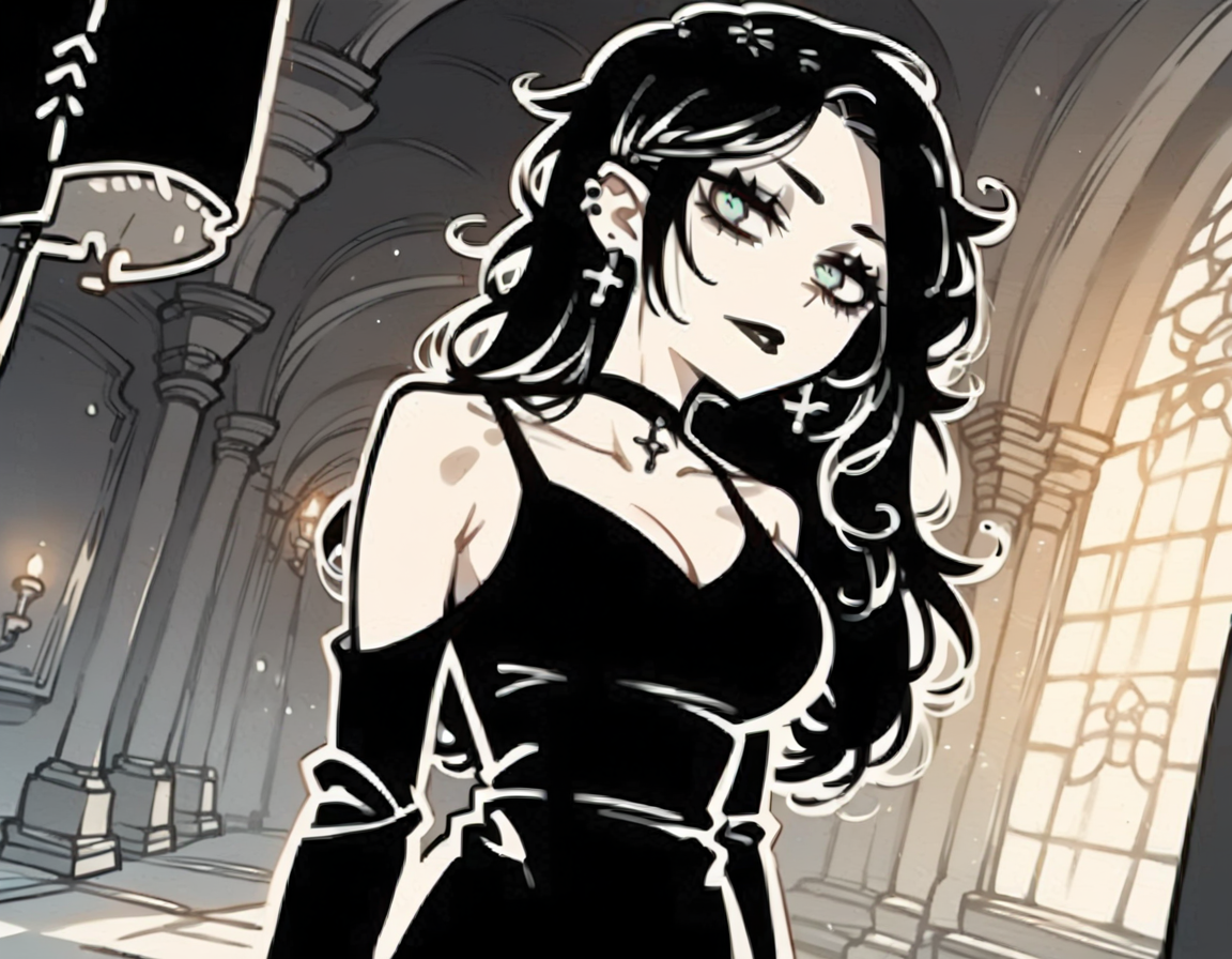 (score_9,score_8_up,score_7_up:1), 1girl, full body, dutch angle low, horror, (shadow contrast, cinematic lighting), astonished, (goth, (black lipstick, black mascara, black eyeshadow)), (flat tummy, close shoulders), glowing hair, very long hair, choker, eyeshadow)), (pale rough skin), large breasts, teardrop shape breast, hanging breast, (floating), loud <lora:sm0k3XLP:0.8>, lighter, smokers lounge, (<lora:goth_clothes:1>, goth dress, gothic jewelry, black dress, detailed dress, black high heeled shoes), <lora:The_Coffin_of_Andy_and_Leyley_Game_Artstyle_PonyXL:1>