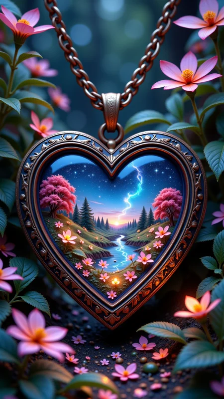 Jeddtlv3,Inside a rusted, heart-shaped locket lies an entire world suspended in perpetual twilight. The world is a sprawling garden where glowing flowers bloom in sync with the heartbeat of the locket's wearer. Rivers of liquid starlight wind through the landscape, feeding crystalline trees, <lora:Flux_Detailer_v3-000007:1> ,