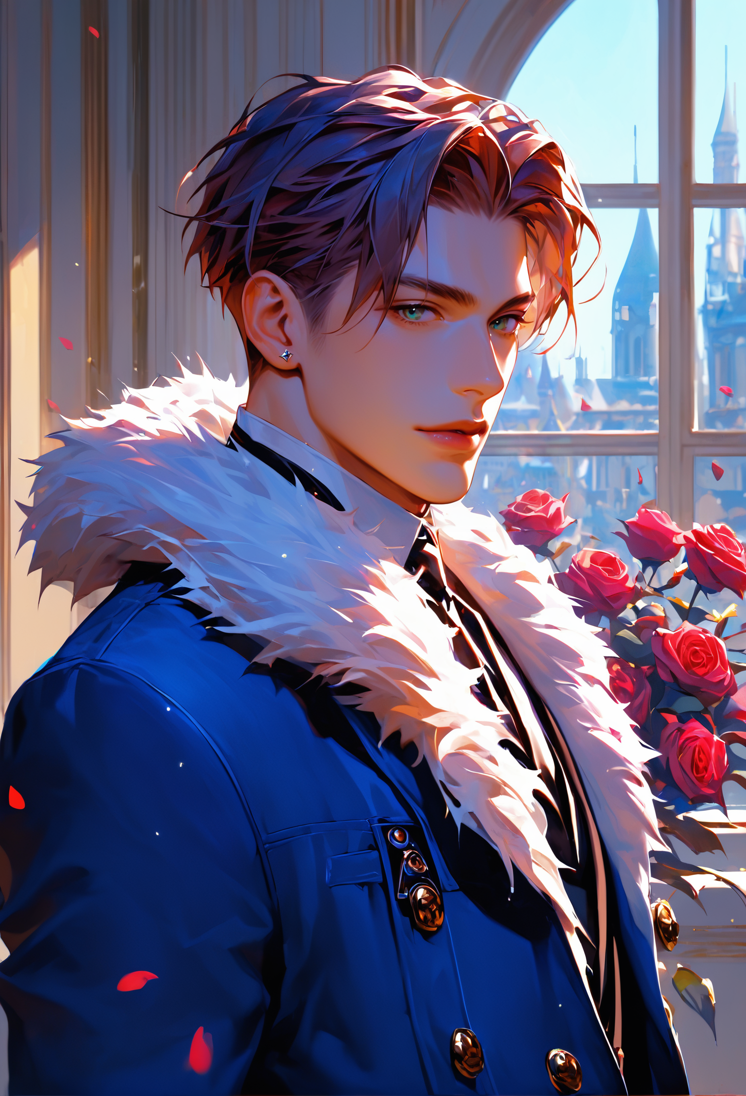 score_9, score_8_up, score_7_up, A painting of an elegant man with short hair wearing a blue long coat and pink fur scarf, in the style of Gottfried Helnwein, with a yellow wall background, a window on the left side, roses in the right bottom corner, and moonlight in the night sky, in the style of John Brack
