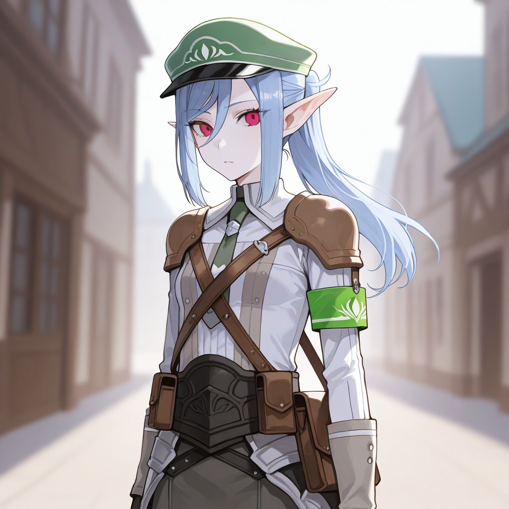 (best_quality, detailed, masterpiece, very_aesthetic, absurdres), general, (zuharu:0.8), (modare:0.5), sas \(ls08b\)
BREAK
1girl, small breasts, white skin, upper_body, adult, dynamic angle, blurry background
BREAK
RF5Scarlett, long hair, blue hair, pointy ears, elf, hair between eyes, ponytail, red eyes, long sleeves, green headwear, armor, shoulder armor, green armband, pauldrons, shirt, military uniform, sidelocks, green pencil skirt, necktie, ribbon, bag, jacket