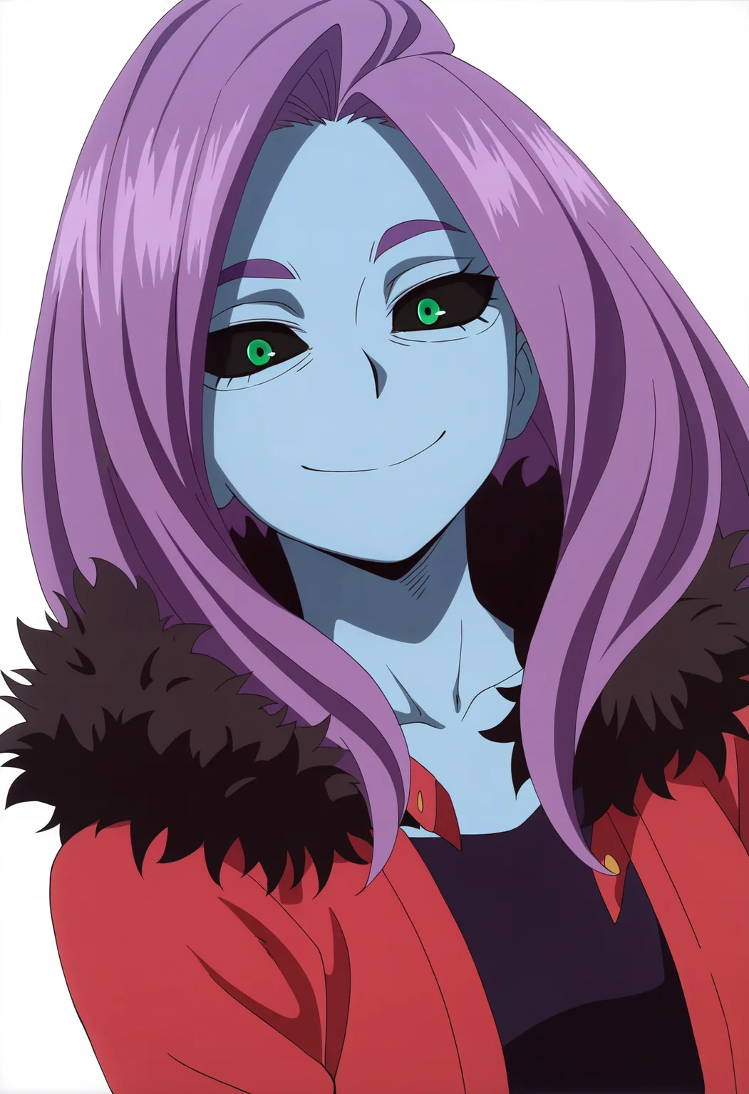 masterpiece, best quality, very aesthetic, absurdres,
1girl, chitosekizuki, colored sclera, green eyes, purple hair, long hair,
colored skin, blue skin,
red jacket, fur trim, black dress, open jacket,
upper body, smile, looking at viewer, solo, (simple background, white background:1.3) <lora:ChitoseKizukiIllustriousXL_byKonan:1>