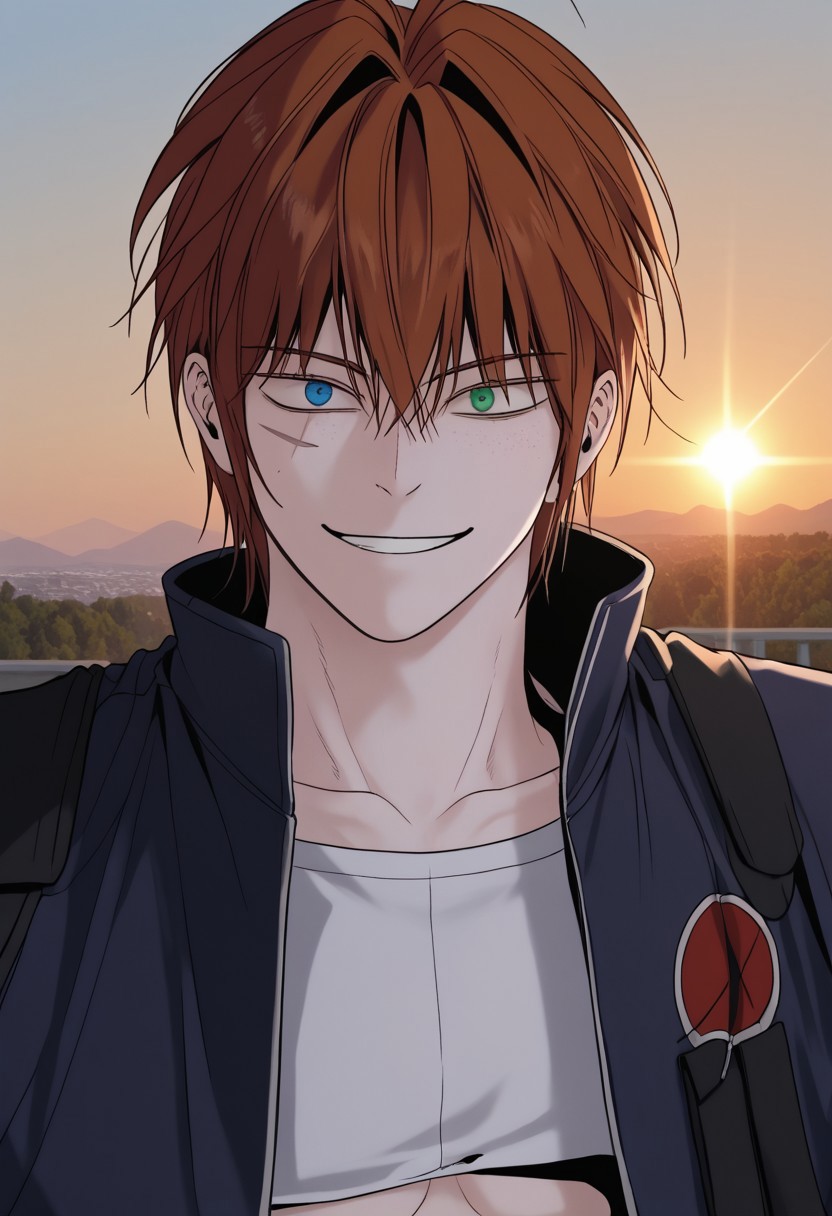 score_9, score_8_up, score_7_up, score_6_up, source_anime, 2d, 1boy, sweaty, smirk, lewd, athletic build, abs, pecs, <lora:add_detail:0.3>, handsome blue and green eyes boy, athletic body, full scars, manly boy, male focus, solo, <lora:Chaos__Hero_Killer__Manhwa__webtoon:0.92>,  Chaos, heterochromia, blue eye, green eye, auburn hair, middle hair, scars all over the body, perfect face, (perfect face, perfect eyes:1.2), looking at viewer, bishounen, toned male, athletic build, large pectorals, abs, six pack, pecs, cute boy in his mid twenties, <lora:0917 torn student shirt_v1_pony:1>, ruanyi0917,torn clothes,school uniform,white shirt, school short, no necktie, (((sitting at edge of rooftop, legs dangling into the air))), six pack, scar all over the body, detailed hair, detailed face, detailed eyes, detailed clothes, detailed skin, ultra-detailed, (upper body), (top quality), extremely detailed, extremely detailed CG, (high resolution), highly detailed, (high quality), (perfect quality), (vibe colors), detailed mouth, detailed ears, detailed eyes, detailed clothes, detailed nose, perfect ears, two colored eyes, perfect face, detailed face, extremely detailed hair, masterpiece, best quality, muscular, high quality, UHD, 4K, Intricate Details, extremely detailed wallpaper, perfect lighting, forest background, very handsome face, evil smile, full body scar, detailed nose, heterochromia, blue eye, green eye, perfect nose, sunset, no lips, no necktie, sit on the edge of the rooftop
