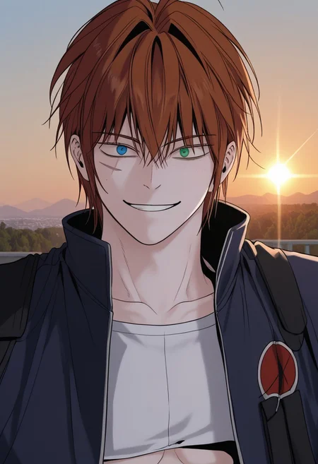 score_9, score_8_up, score_7_up, score_6_up, source_anime, 2d, 1boy, sweaty, smirk, lewd, athletic build, abs, pecs, <lora:add_detail:0.3>, handsome blue and green eyes boy, athletic body, full scars, manly boy, male focus, solo, <lora:Chaos__Hero_Killer__Manhwa__webtoon:0.92>, Chaos, heterochromia, blue eye, green eye, auburn hair, middle hair, scars all over the body, perfect face, (perfect face, perfect eyes:1.2), looking at viewer, bishounen, toned male, athletic build, large pectorals, abs, six pack, pecs, cute boy in his mid twenties, <lora:0917 torn student shirt_v1_pony:1>, ruanyi0917,torn clothes,school uniform,white shirt, school short, no necktie, (((sitting at edge of rooftop, legs dangling into the air))), six pack, scar all over the body, detailed hair, detailed face, detailed eyes, detailed clothes, detailed skin, ultra-detailed, (upper body), (top quality), extremely detailed, extremely detailed CG, (high resolution), highly detailed, (high quality), (perfect quality), (vibe colors), detailed mouth, detailed ears, detailed eyes, detailed clothes, detailed nose, perfect ears, two colored eyes, perfect face, detailed face, extremely detailed hair, masterpiece, best quality, muscular, high quality, UHD, 4K, Intricate Details, extremely detailed wallpaper, perfect lighting, forest background, very handsome face, evil smile, full body scar, detailed nose, heterochromia, blue eye, green eye, perfect nose, sunset, no lips, no necktie, sit on the edge of the rooftop