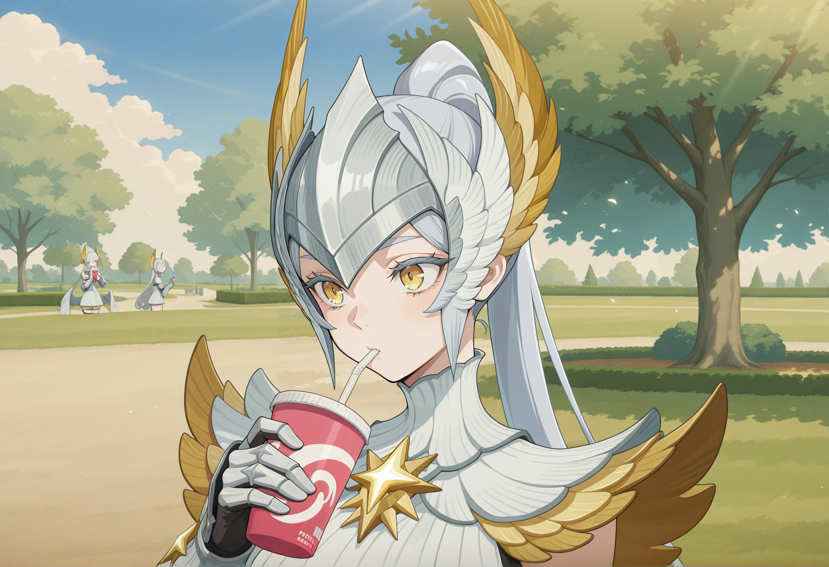 anime screencap, anime screenshot, anime coloring, 1girl, very long hair, high ponytail, grey hair, yellow eyes, colored eyelashes, forehead protector, head wings, short dress, gauntlets, arm blade, holding dring, drinking straw, drinking, outdoors, park, portrait, upper body <lora:athalia_AFK:0.8>, masterpiece, best quality, amazing quality, very aesthetic, absurdres, highres, newest