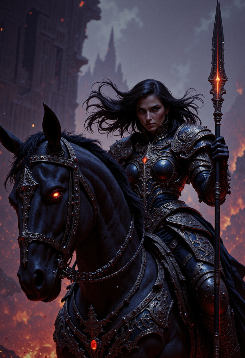 concept art close up of a Fearsome glamourous  female Chaos Knight clad in dark jagged armor adorned with spikes and crimson runes, sitting astride a massive shadowy warhorse. Her glowing, fiery eyes , flowing black hair,  flowing jet-black cape ripples in the wind. She wields a  rune-etched spear ,  glowing faintly with chaotic energy. The warhorse's head, partially visible, is armored with jagged plating and emits a faint, eerie mist from its nostrils. The scene is illuminated by a faint, hellish red glow, with a stormy, apocalyptic sky in the background. Hyper-detailed, photorealistic, sharp focus on the woman , showcasing intricate textures of her armor and her fierce, imposing expression  <lora:FluxMythM4gicalL1nes:0.79> m4gicall1nes <lora:Movie_Portrait:0.7> <lora:flux.1_lora_flyway_Epic-detail_v2:0.6> . digital artwork, illustrative, painterly, matte painting, highly detailed