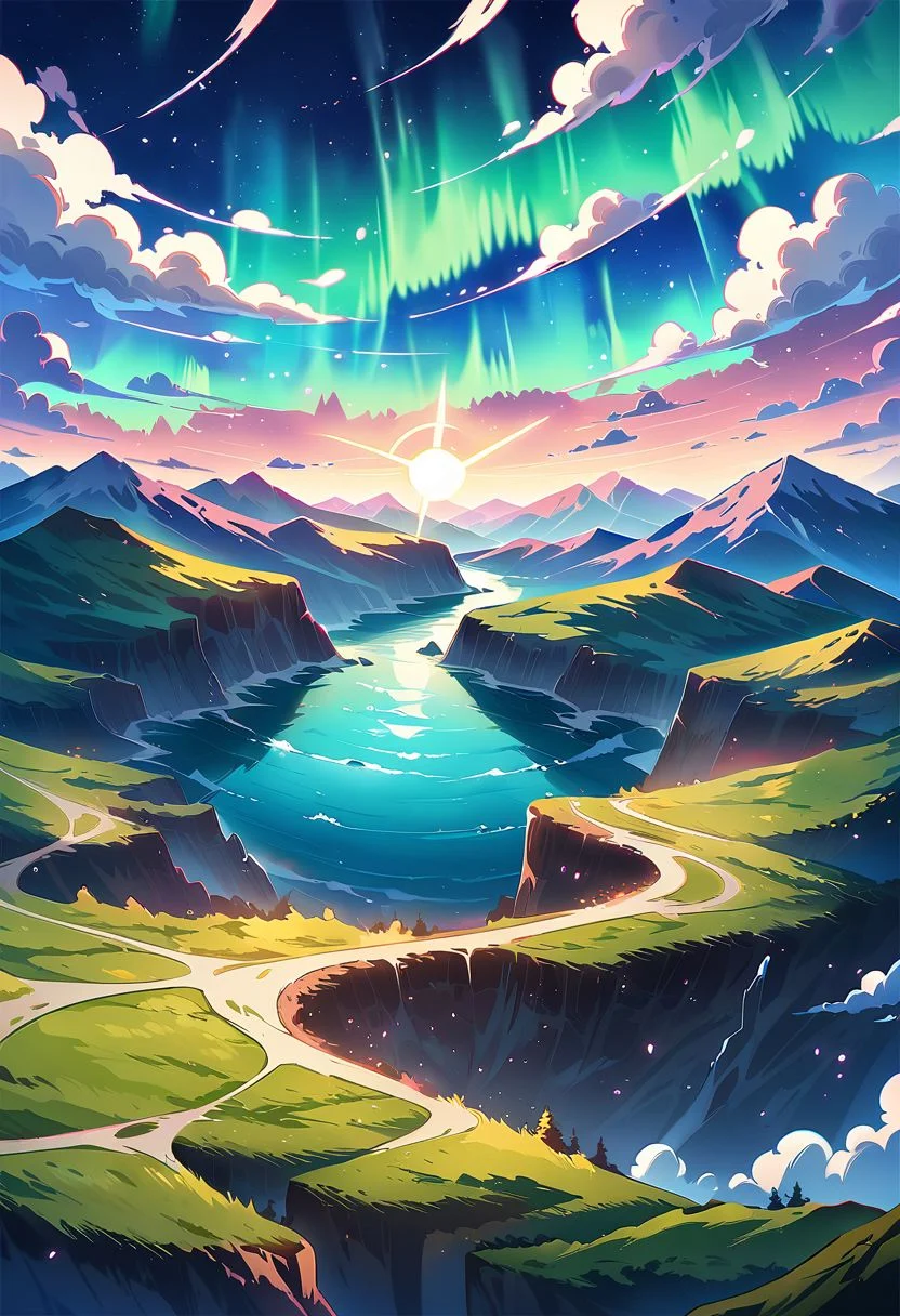 masterpiece, best quality, high quality, intricate, absurdres, very aesthetic,
no humans, landscape, outdoors, mountain tops, wind, windy, wind lines, clouds, above clouds, cliff, wind magic, aurora,
ultra wide angle shot, cinematic style, highly detailed, extremely detailed, sharp detail, majestic, shallow depth of field, movie still, soft light, circular polarizer, colorful, wallpaper, professional illustration, anime