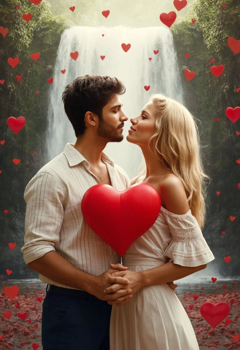 The image is a digital illustration of a young couple in a romantic embrace. The couple is standing close together, with the man holding a large red heart in his hands. The woman has long blonde hair and is wearing a white off-the-shoulder dress, while the man has dark hair and a beard. They are both looking up at each other with a loving expression on their faces. The background is filled with red hearts, creating a romantic and whimsical atmosphere. The overall mood of the image is one of love and affection. in front of a large waterfall and a forest.