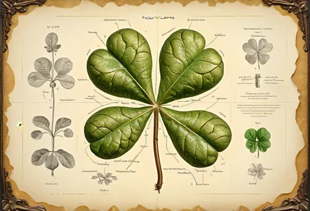 hyperrealistic scientific illustration, potato tuber shaped like a four-leaf clover, intricate surface details, cross-section revealing inner structure, botanical labeling, vintage parchment background, antique museum frame