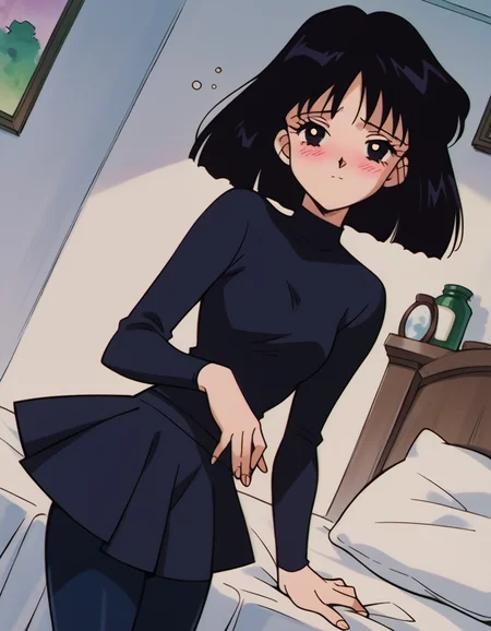 score_9, score_8_up, score_7_up, source_anime, <lora:hotaru-tomoe-s3-ponyxl-lora-nochekaiser:1>, hotaru tomoe, short hair, black hair, black eyes,, pantyhose, shirt, long sleeves, skirt, turtleneck,, indoors, bed, bed room, on side, blush, drunk, looking at viewer, solo,, cowboy shot, dutch angle