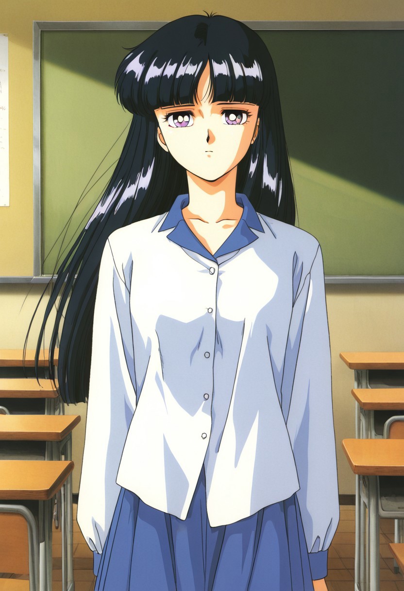 score_9, score_8_up, score_7_up, source_anime,masterpiece, best quality, retro_artstyle, 1990s_\(style\),official art,a girl,solo, Hotaru,black_hair,long_hair,blunt_bangs,purple_eyes,small_breasts,White shirt with a blue collar,long_sleeves,(shirt untucked,shirt out:1.2),blue_long_skirt,empty classroom,(detailed face and eyes,expressionless:1.2), looking at viewer,(cowboy shot),