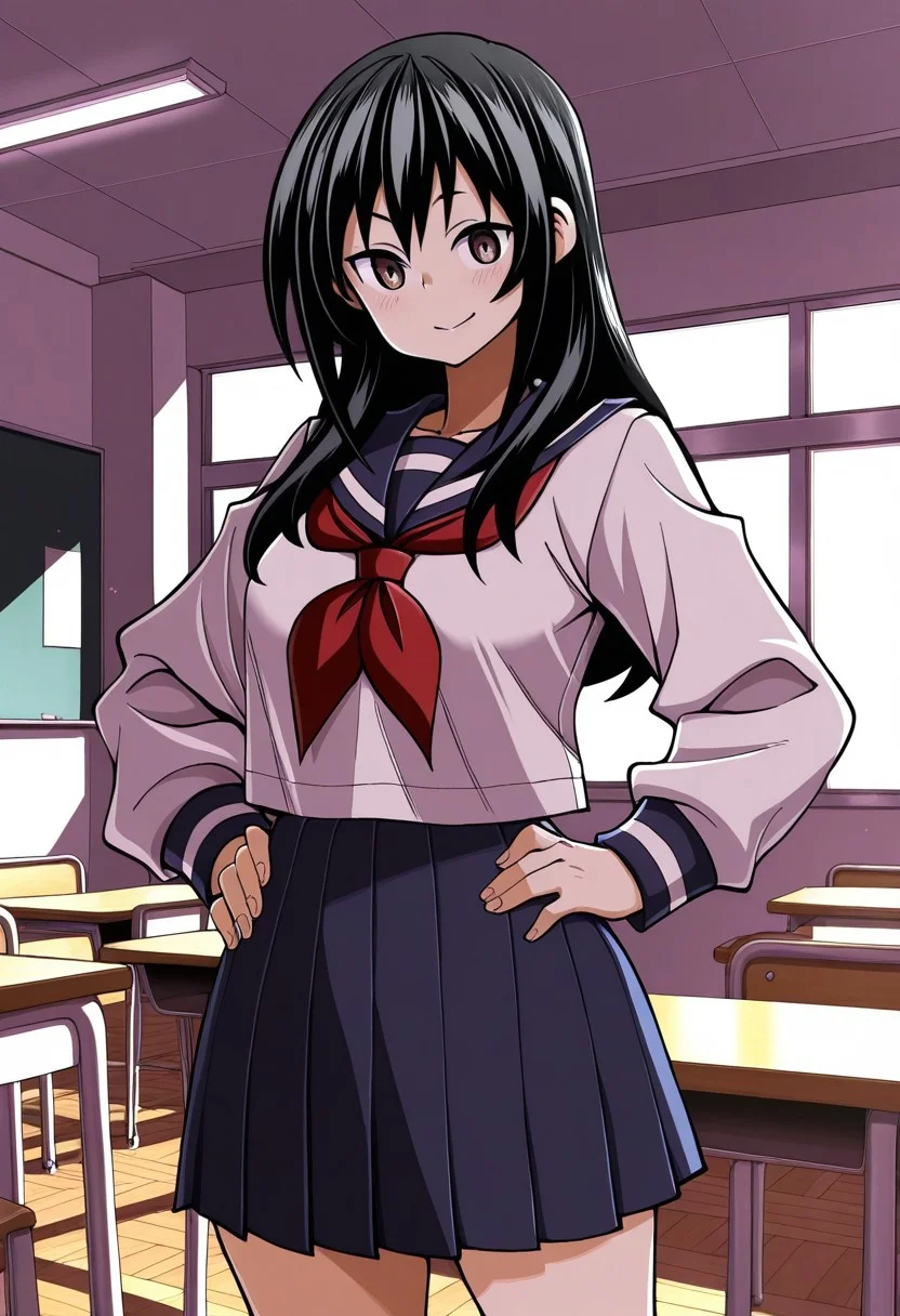 masterpiece, best quality, amazing quality, EmiSawatari, black hair, brown eyes, 1girl, solo, serafuku, skirt, classroom, indoors, hands on hips, cowboy shot, standing, looking at viewer, closed mouth, smile,