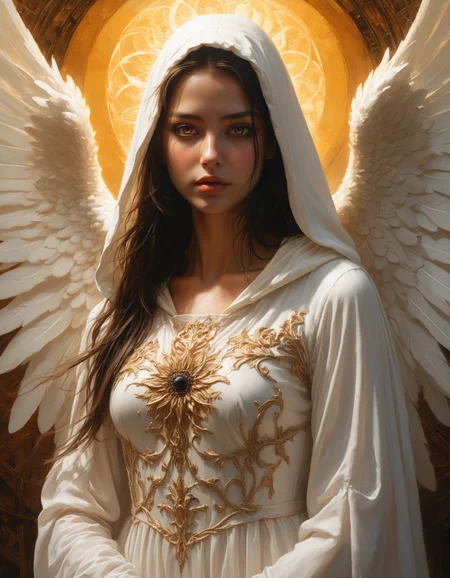a beautiful angel woman wearing an intricate white dress, painted, oil on canvas, detailed painting, limited color palette, oil artwork, trending on artstation, soft natural light, sharp focus, concept art, dramatic illumination ray, black sun, glowing eyes, hooded, ethereal,
<lora:artiangel:0.5> artiangel