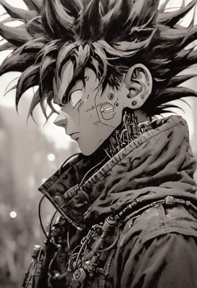 Monochrome with color spots, photo in phst artstyle, mechanical parts, wires, cables, cyberpunk, closeup portrait of PESonGoku with a half robot face, pastel pink/white colored, closeup photo of an wired-cyborg so'n Goku with half robot face wearing a black high collar parka with technical macro writing resembling an Dragonball on the back, solo, man, high collar parka, upper body,, male focus, long hair in wind, fists, clothes writing, crepuscular rays, volumetric lighting, ultra detailed, deep Blacks, very detailed, atmospheric haze, Film grain, cinematic film still, shallow depth of field, highly detailed, high budget, cinemascope, moody, epic, OverallDetail, 2000s vintage RAW photo, photorealistic, candid camera, color graded cinematic, eye catchlights, atmospheric lighting, imperfections, natural, shallow dof