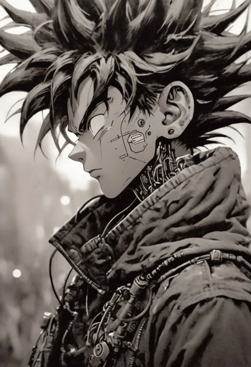 Monochrome with color spots, photo in phst artstyle, mechanical parts, wires, cables, cyberpunk, closeup portrait of PESonGoku with a half robot face, pastel pink/white colored, closeup photo of an wired-cyborg so'n Goku with half robot face wearing a black high collar parka with technical macro writing resembling an Dragonball on the back, solo, man, high collar parka, upper body,, male focus, long hair in wind, fists, clothes writing, crepuscular rays, volumetric lighting, ultra detailed, deep Blacks, very detailed, atmospheric haze, Film grain, cinematic film still, shallow depth of field, highly detailed, high budget, cinemascope, moody, epic, OverallDetail, 2000s vintage RAW photo, photorealistic, candid camera, color graded cinematic, eye catchlights, atmospheric lighting, imperfections, natural, shallow dof