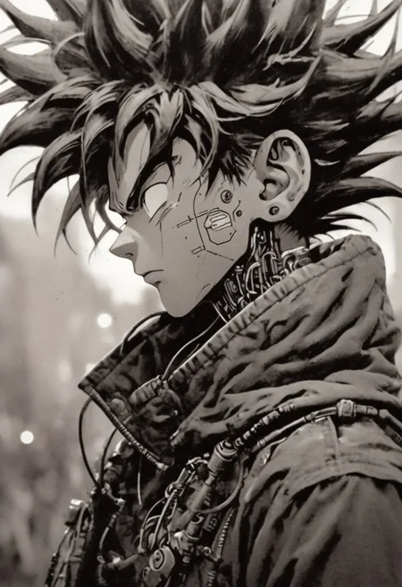 Monochrome with color spots, photo in phst artstyle, mechanical parts, wires, cables, cyberpunk, closeup portrait of PESonGoku with a half robot face, pastel pink/white colored, closeup photo of an wired-cyborg so'n Goku with half robot face wearing a black high collar parka with technical macro writing resembling an Dragonball on the back, solo, man, high collar parka, upper body,, male focus, long hair in wind, fists, clothes writing, crepuscular rays, volumetric lighting, ultra detailed, deep Blacks, very detailed, atmospheric haze, Film grain, cinematic film still, shallow depth of field, highly detailed, high budget, cinemascope, moody, epic, OverallDetail, 2000s vintage RAW photo, photorealistic, candid camera, color graded cinematic, eye catchlights, atmospheric lighting, imperfections, natural, shallow dof