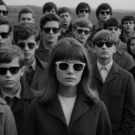 cinematic film still of <lora:1960's style:1>
From below, In the 1960's a group of people standing next to each other,1girl,long hair,jacket,monochrome,greyscale,multiple boys,parody,sunglasses,cross,6+boys,4boys,realistic,5boys ,realistic,realism, detailed, perfection,perfect,filmic,retro,vintage,classic,different haircut,different look,different style,1960's style , 1960 style, shallow depth of field, vignette, highly detailed, high budget, bokeh, cinemascope, moody, epic, gorgeous, film grain, grainy