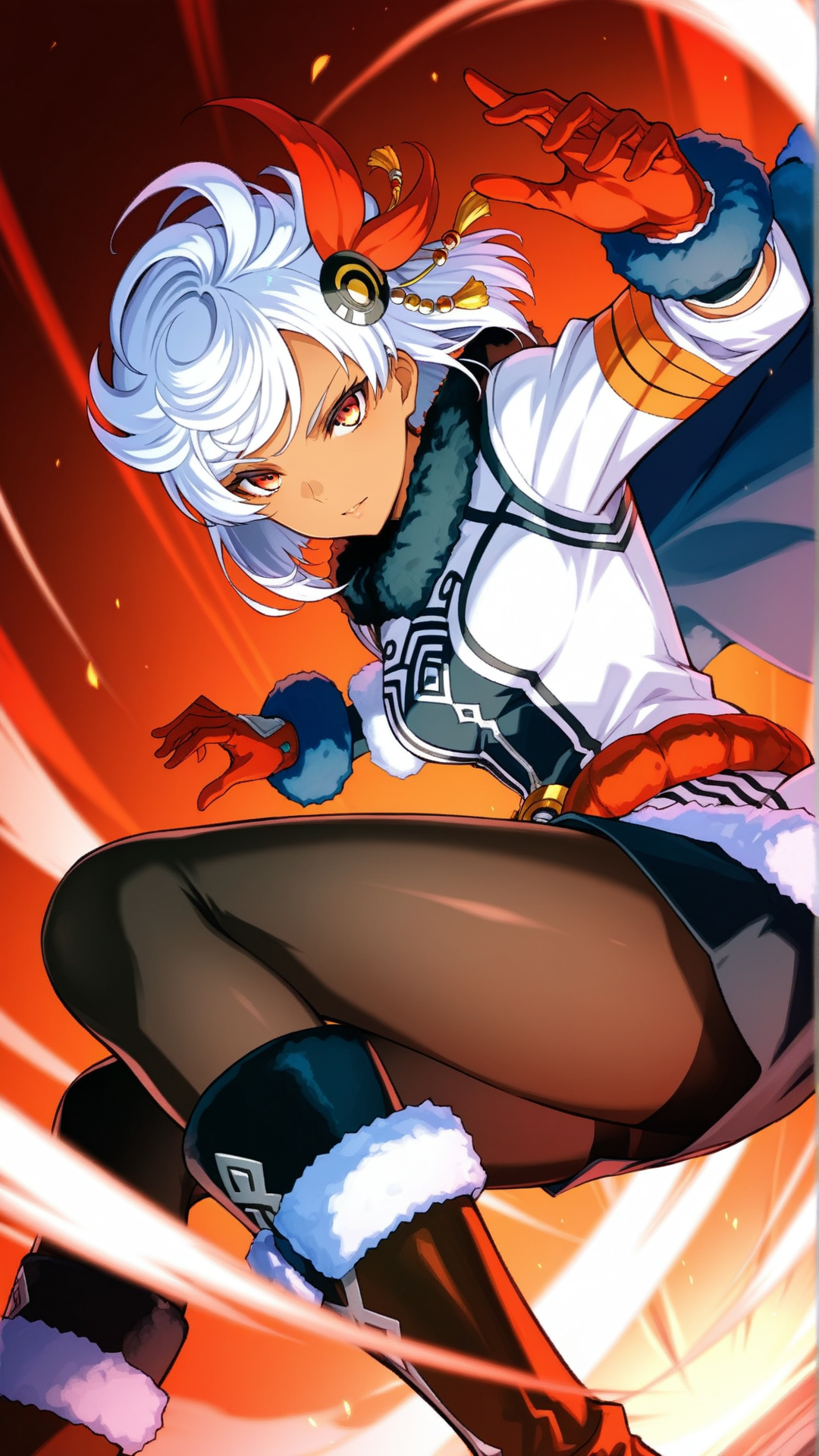 source_anime, general, best quality, masterpiece, 1girl,  <lora:Tissisaaq_ill_v1.0:1> tissisaaq\(scarlet grace\),white hair, short hair, dark skin,fur-trimmed boots, knee boots, hair ornament, coat, gloves, dynamic pose, dutch angle, pantyhose,