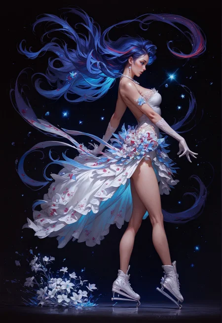 score_9, score_8_up, score_7_up,  solo, side view, full body, (ice skating:1.2), dynamic pose, realistic, concept art, galaxy, 1girl, stars, milky way, love, heart, red hair, stunning white dress, white lace gloves, white flowers, white tulips, floral decoration, legs, black background  <lora:pony/twilight_style:0.8> <lora:pony/expressiveh:0.8> expressiveh <lora:pony/vixon_galaxy:0.65> g4l4xy <lora:sdxl/sinfully_stylish_sdxl>