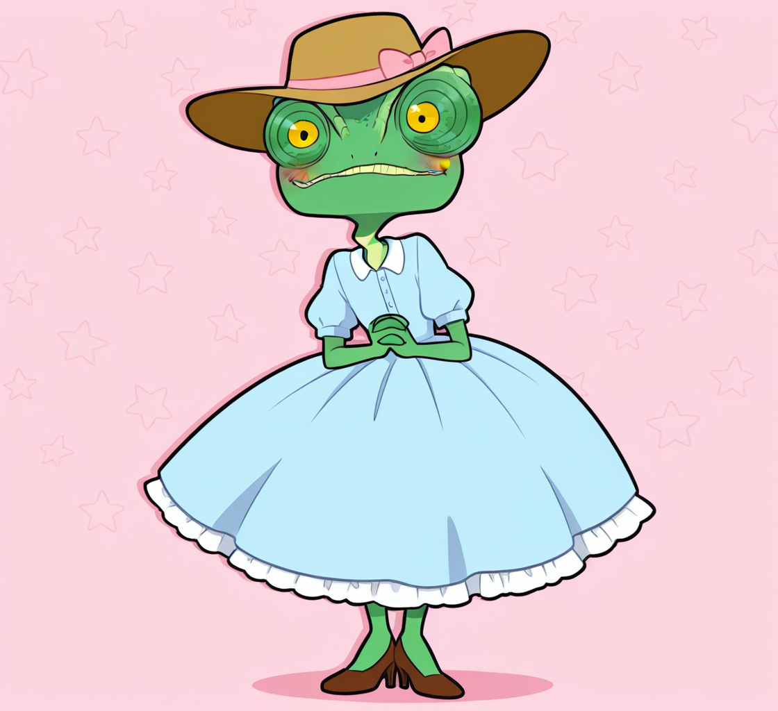 high resolution, best quality, 4k, flat colors, outline, solo, male, full body, crossdressing, brown high heels, blue dress, sun hat, hat ribbon, blush, nervous smile, clasped hands, drop shadow, pink star background, <lora:Rango_-_Rango_IL:1> r4ng0, chameleon, green skin, yellow eyes, bulbous eyes, scalie, bald, long neck, crooked neck, 4 fingers, teeth