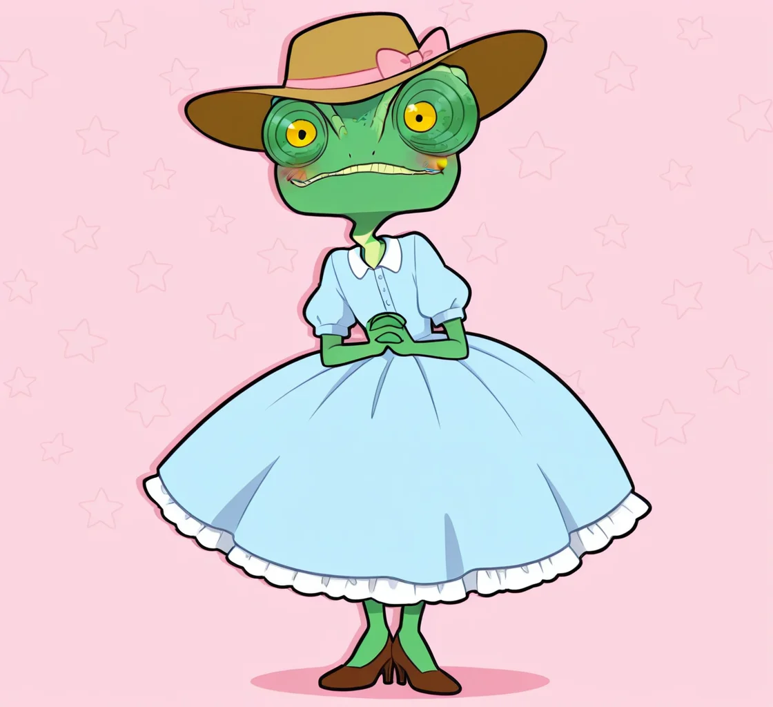 high resolution, best quality, 4k, flat colors, outline, solo, male, full body, crossdressing, brown high heels, blue dress, sun hat, hat ribbon, blush, nervous smile, clasped hands, drop shadow, pink star background, <lora:Rango_-_Rango_IL:1> r4ng0, chameleon, green skin, yellow eyes, bulbous eyes, scalie, bald, long neck, crooked neck, 4 fingers, teeth