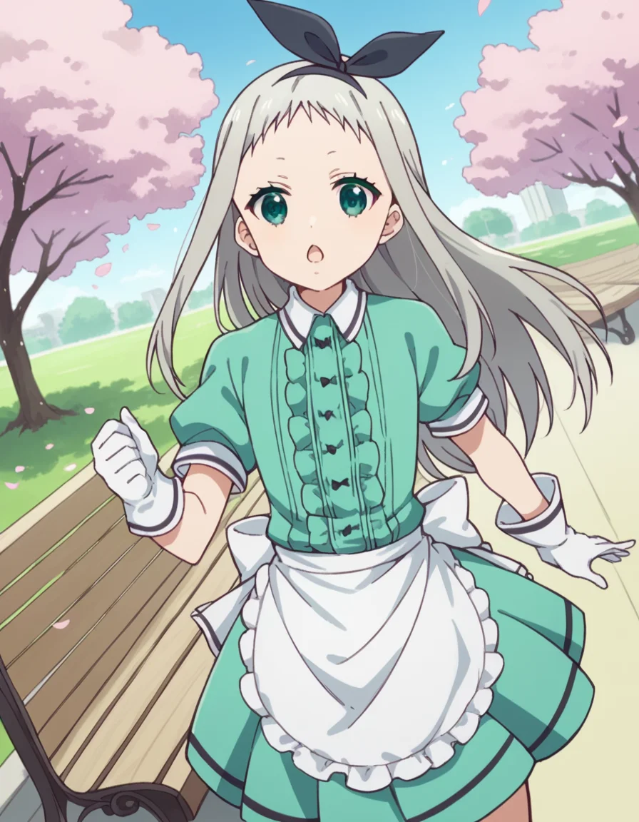score_9, score_8_up, score_7_up, source_anime, <lora:hideri-kanzaki-s1-ponyxl-lora-nochekaiser:1>, hideri kanzaki, long hair, bow, green eyes, hair bow, grey hair, male focus, hairband, black hairband, otoko no ko, forehead,, gloves, dress, short sleeves, frills, puffy sleeves, white gloves, apron, puffy short sleeves, waist apron, white apron, frilled apron, waitress,, park, cherry blossoms, bench, gentle breeze, peaceful, running, open mouth,, , , foot crossed over, hand on neck, elbow bent, solo,, cowboy shot, dutch angle