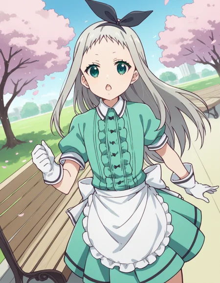 score_9, score_8_up, score_7_up, source_anime, <lora:hideri-kanzaki-s1-ponyxl-lora-nochekaiser:1>, hideri kanzaki, long hair, bow, green eyes, hair bow, grey hair, male focus, hairband, black hairband, otoko no ko, forehead,, gloves, dress, short sleeves, frills, puffy sleeves, white gloves, apron, puffy short sleeves, waist apron, white apron, frilled apron, waitress,, park, cherry blossoms, bench, gentle breeze, peaceful, running, open mouth,, , , foot crossed over, hand on neck, elbow bent, solo,, cowboy shot, dutch angle