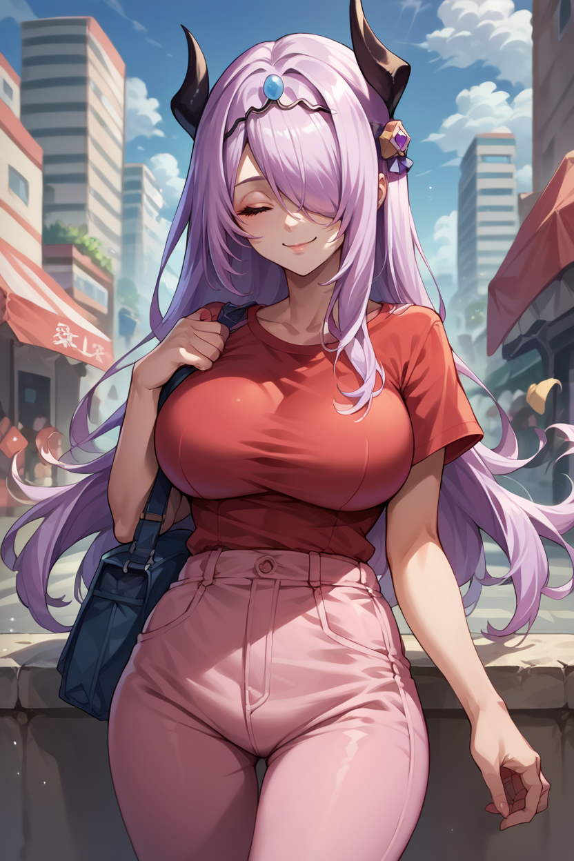 score_9, score_8_up, score_7_up, score_6_up, source_anime, 1girl, solo, <lora:victoria-pdxl-nvwls-v1-000005:1> victoria, lavender hair, hair over one eye, horns, tiara, red t-shirt, big breasts, pink pants, closed eyes, smile, looking at you, city, blue sky