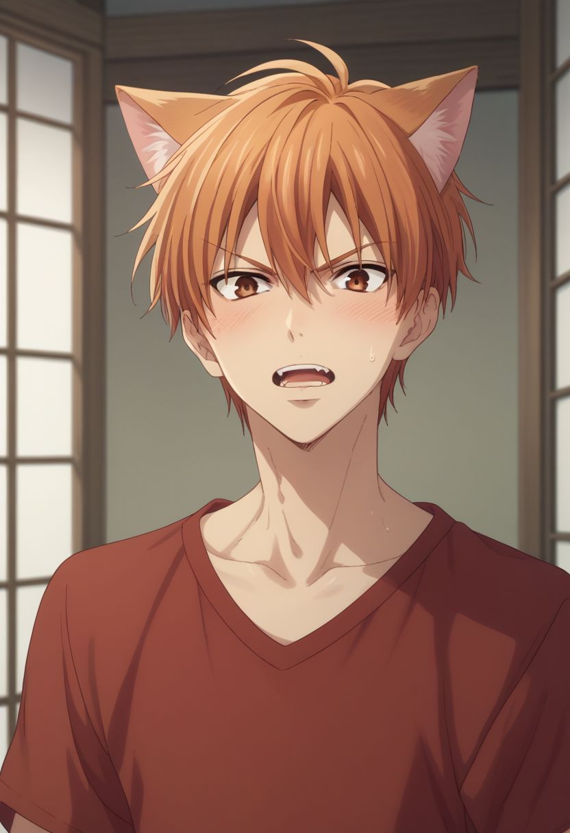 score_9, score_8_up, score_7_up, source_anime, highly detailed, 1boy, solo, male_focus,
blush, solo, open mouth, red shirt, brown eyes, orange hair, looking at viewer, sweatdrop, orange hair, teeth, cat boy, cat ears,