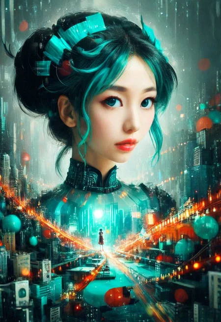 double exposure of opera diva Hatsune Miku with long floating twintails singing high note merging with a printed circuit subtil complex degrade works in electronics chips and circuitery, full of details, positive emotional, masterpiece, fairytale, <lora:DoubleExposure:1>, (head:2), (portrait, close up:1.6), <lora:The Phantom of the Opera style:1.5> The Phantom of the Opera style, (Hatsune Miku, aqua hair, twintails:1.8), <lora:loraeyesxl:0.4>