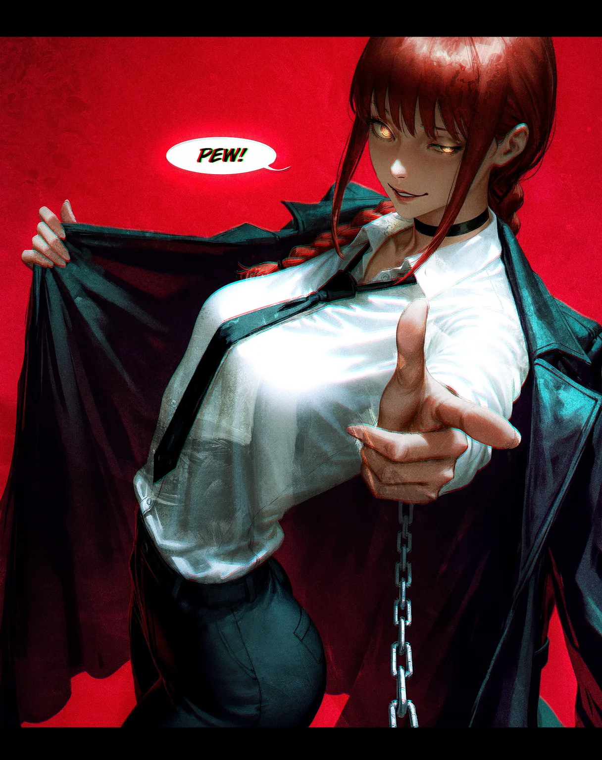 makima \(chainsaw man\), black choker, red hair, formal clothes, solo, white shirt, coat, loose shirt, loose necktie, from above, looking at viewer, chain, smirk, assertive female, half-closed eye, dutch angle, from side,
simple background, red background, tall female, ultra-detailed textures, narrow waist, petite, wide hips, arched back, toned, aiming at viewer, finger gun, spoken ellipsis, blank speech bubble, uneven eyes, yandere, parted lips, crazy eyes,
guweiz, yuumei, (mzet, fkey:0.1),
<lora:nhl-001-20:0.45> nhl-001,
<lora:nhl-002-nai:0.3> nhl-002,
<lora:nhl-005-noobai-legacy-20:0.45> nhl-005,