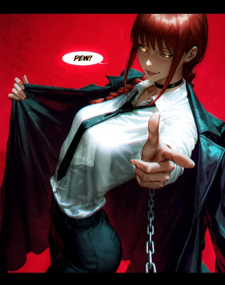 makima \(chainsaw man\), black choker, red hair, formal clothes, solo, white shirt, coat, loose shirt, loose necktie, from above, looking at viewer, chain, smirk, assertive female, half-closed eye, dutch angle, from side,
simple background, red background, tall female, ultra-detailed textures, narrow waist, petite, wide hips, arched back, toned, aiming at viewer, finger gun, spoken ellipsis, blank speech bubble, uneven eyes, yandere, parted lips, crazy eyes,
guweiz, yuumei, (mzet, fkey:0.1),
<lora:nhl-001-20:0.45> nhl-001,
<lora:nhl-002-nai:0.3> nhl-002,
<lora:nhl-005-noobai-legacy-20:0.45> nhl-005,