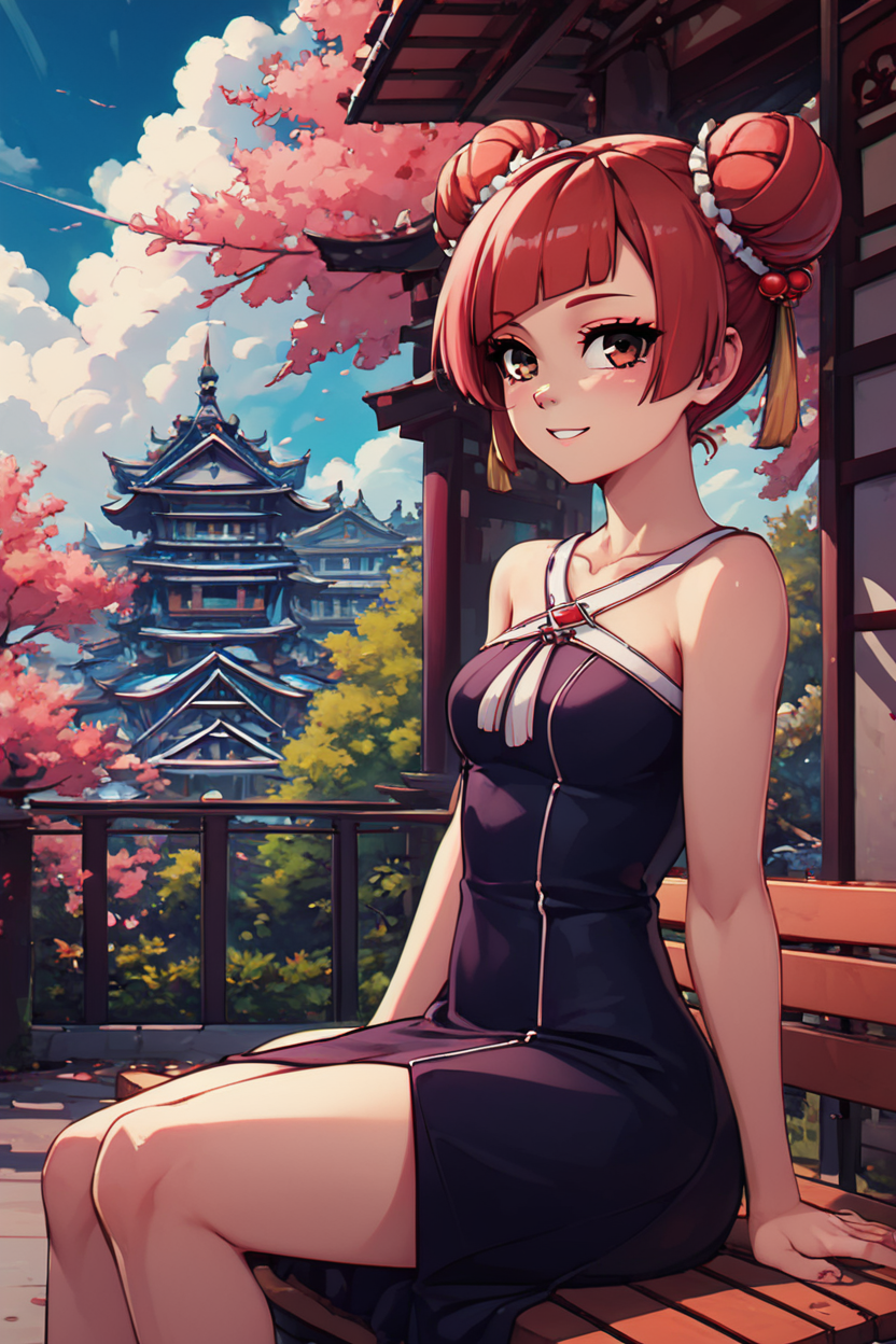 score_9, score_8_up, score_8, medium breasts, (curvy), cute, eyelashes,       BREAK, ,  zzLaufen, hair bun, double bun, red hair, short hair, brown hair, brown eyes, hair ornament, bare shoulders, black dress, collarbone,  <lora:LaufenFrieren_PDXL_v1:0.8>,  , BREAK, sitting on bench, side view, smile, looking at viewer, cowboy shot,  ,,, BREAK, pnkBldng, sky, day, cloud, tree, blue sky, building, architecture, east asian architecture,  ,,, BREAK, embedding:zPDXL, Expressiveh,  ,,, <lora:PinkBuildingsPDXL_v2:0.6>, <lora:SDXLFaeTastic2400:0.5>, <lora:Expressive_H-000001:0.4>