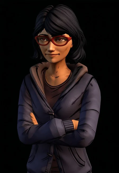 3D, Sarah, 1girl, alone, short shoulder-length black hair, red glasses, hooded jacket, partially unbuttoned
half body, sarah smiling with arms crossed m