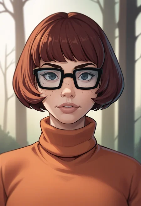 score_9, score_7_up, <lora:sleepygimp-guy-PONY-DORAv1:1>, 1girl, solo, velma dace dinkley, freckles, turtleneck sweater, haunted house \(attraction\), portrait, depth of field