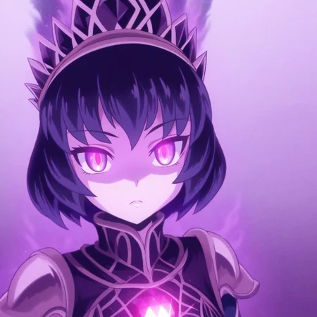 mana_sk style, portrait, focus on face, a wise oracle girl with straight, jet-black hair cascading over her shoulders and piercing violet eyes, wearing a delicate golden headdress with a gemstone that glows faintly, her expression distant and prophetic, faint, swirling mists in the background, Japanese RPG style, mystical and awe-inspiring atmosphere, intricate details on her headdress and glowing gem