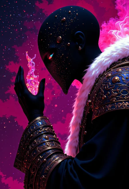 This high-quality digital artwork depicts a faceless god, holding up his hand to his face, holding the universe in his palm, getting ready to destroy all that it's birthed and created in one quick motion. The god has is has no face. Instead, where the gods face would be is a smooth, featureless, black surface, consumed by darkness with a swarm of beautiful stars scattered. The faceless god is clothed in an elegantly designed, dark, lightly armored robe, with a white fur collar, that covers the spirits torso and arms. The background features a universe with colorful twinkling stars. The camera angle is leveled, looking at the faceless god, emphasizing it's gut wrenching situation. The depth of field is wide, keeping everything in sharp focus, highlighting every magnificent detail. The overall aesthetic quality is very high, showcasing excellent use of lighting and composition.((heavy pink and magentas)), text "I demand your buzz mortal"